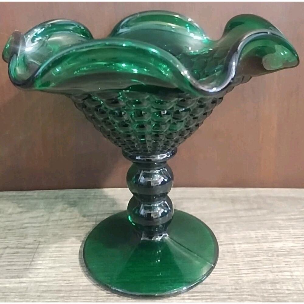 Fenton Green Ruffled Hobnail Pedestal Candy Dish Compote